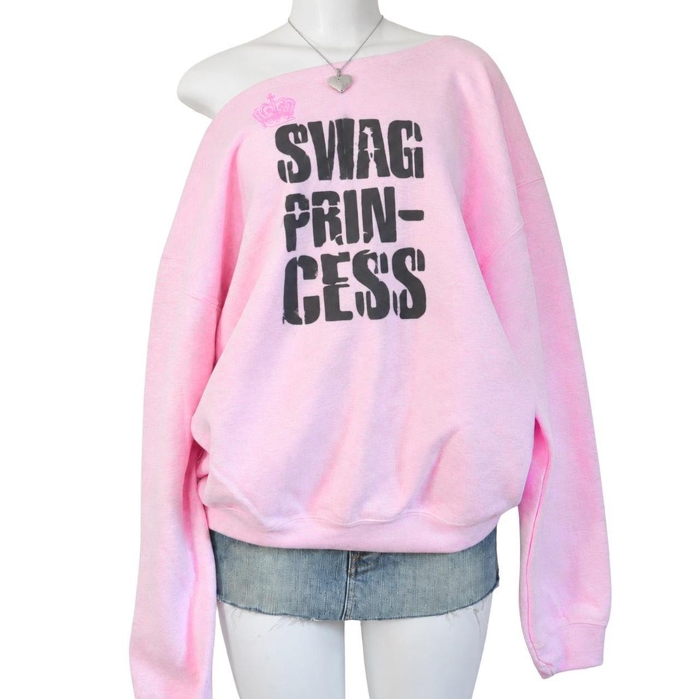 swag princess off shoulder sweatshirt indie sleaze 2010s tumblr saint pink